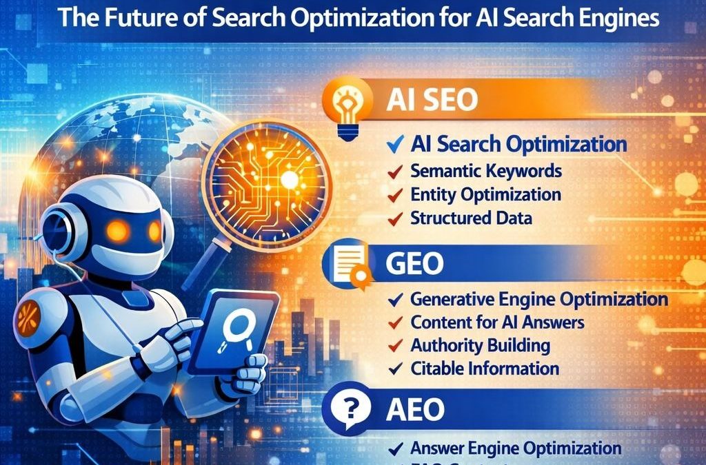 AI GEO SEO AEO infographic explaining AI Search Optimization, Generative Engine Optimization and Answer Engine Optimization