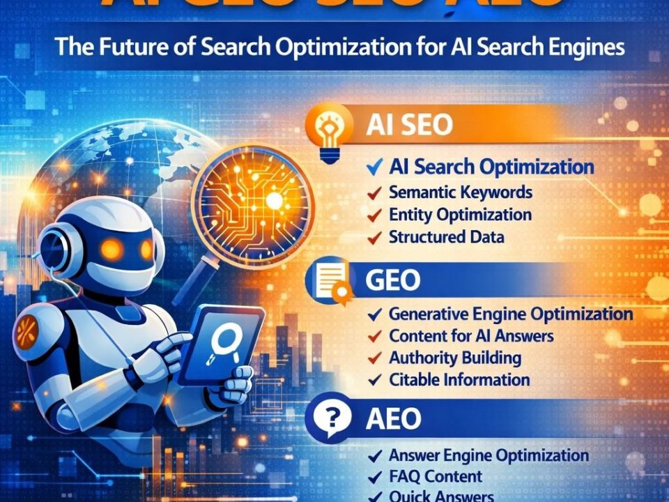 AI GEO SEO AEO infographic explaining AI Search Optimization, Generative Engine Optimization and Answer Engine Optimization