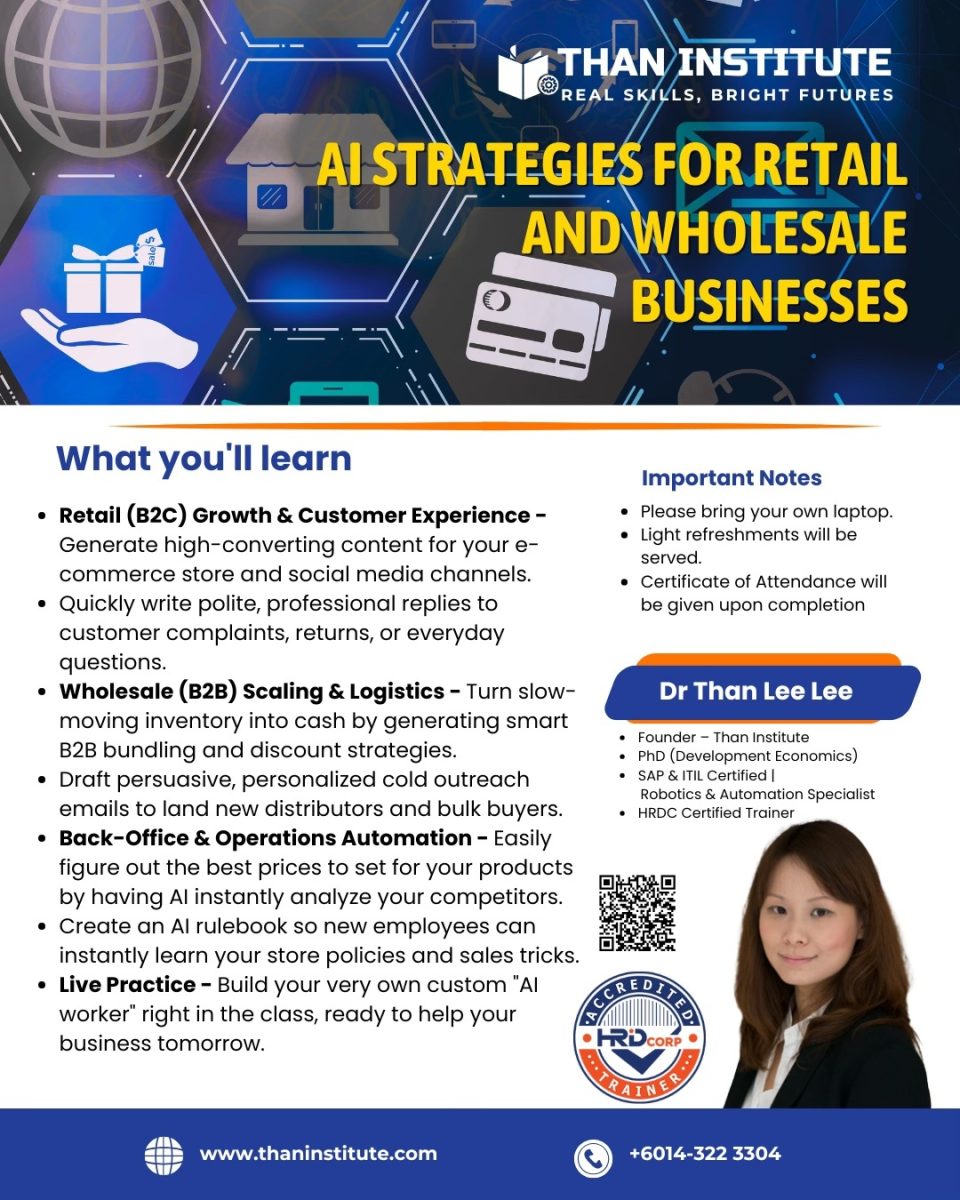 A professional HRDC AI training session for retail and wholesale businesses, where participants learn to use data analytics, automation, and smart inventory tools to improve operations and decision-making.